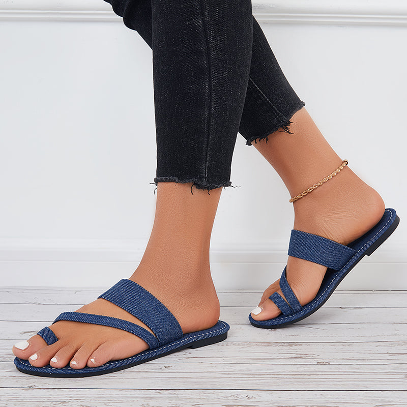 Myquees Summer Slippers Toe Ring Wide Flat Sandals Denim Slide Sandals