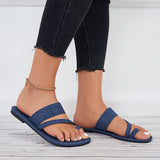 Myquees Summer Slippers Toe Ring Wide Flat Sandals Denim Slide Sandals