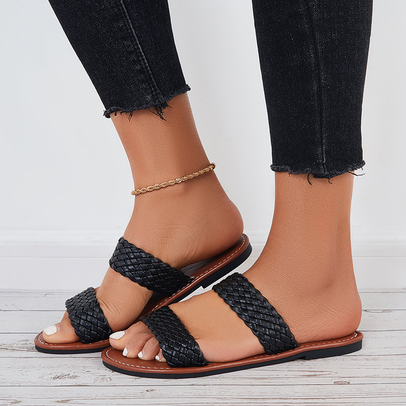 Myquees Open Toe Flat Sandals Braided Strap Slides Woven Leather Slippers