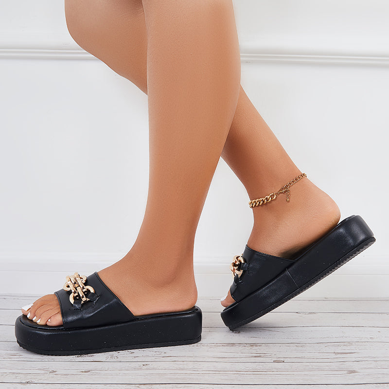Myquees Casual Open Toe Flatform Slippers Chain Decor Platform Slide Sandals