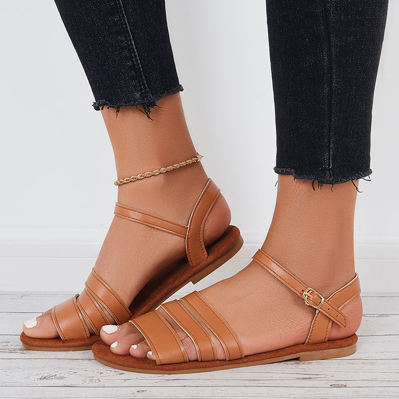 Myquees Women Flat Sandals Open Toe Ankle Strap Sandals