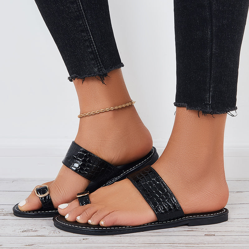 Myquees Black Toe Ring Slide Sandals Wide Flat Slippers