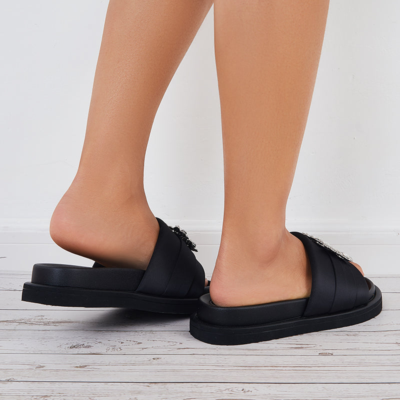 Myquees Black Platform Slide Sandals Shiny Buckle Thick Sole Slides