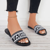 Myquees Words Print Slide Sandals Round Toe Flat Slippers