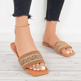 Myquees Square Toe Summer Woven Slide Sandals Flat Beach Slippers