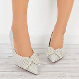 Myquees Bow Clear Kitten Heel Pumps Rhinestone Pointed Toe Office Dress Shoes