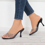 Myquees Clear Rhinestone Mid Heel Slide Sandals Square Toe  Stiletto Mules