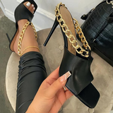 Myquees Fashion Square Toe Mule Stilettos Metal Chain Slip on Sandals