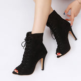 Myquees Peep Toe Stiletto High Heel Ankle Boots Lace Up Booties