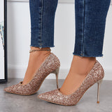 Myquees Shiny Sequin Stilettos Heels Court Pumps Pointed Toe Dress Shoes