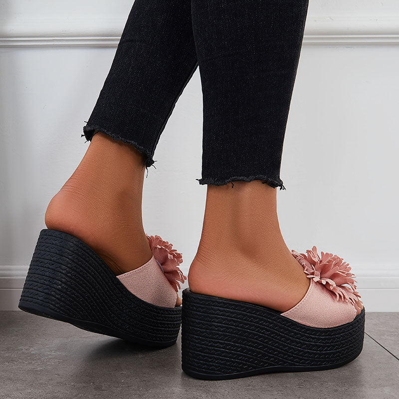 Myquees Flower Platform Slide Sandals Open Toe Slip on Wedge Heel Shoes