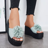 Myquees Flower Platform Slide Sandals Open Toe Slip on Wedge Heel Shoes