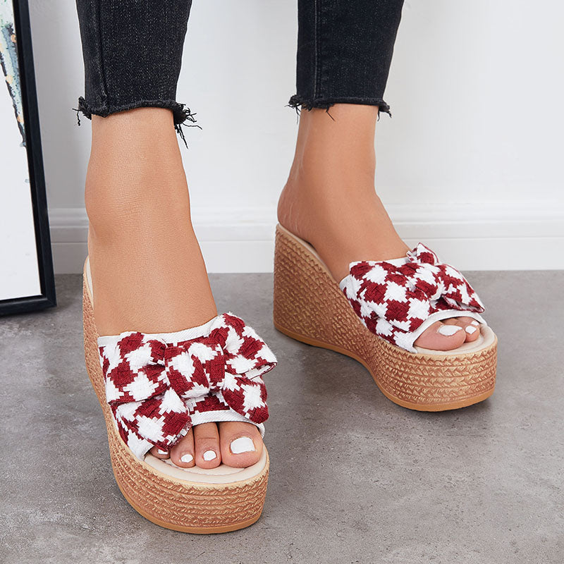 Myquees Bowknot Platform Wedge Slide Sandals Plaid Open Toe Slippers