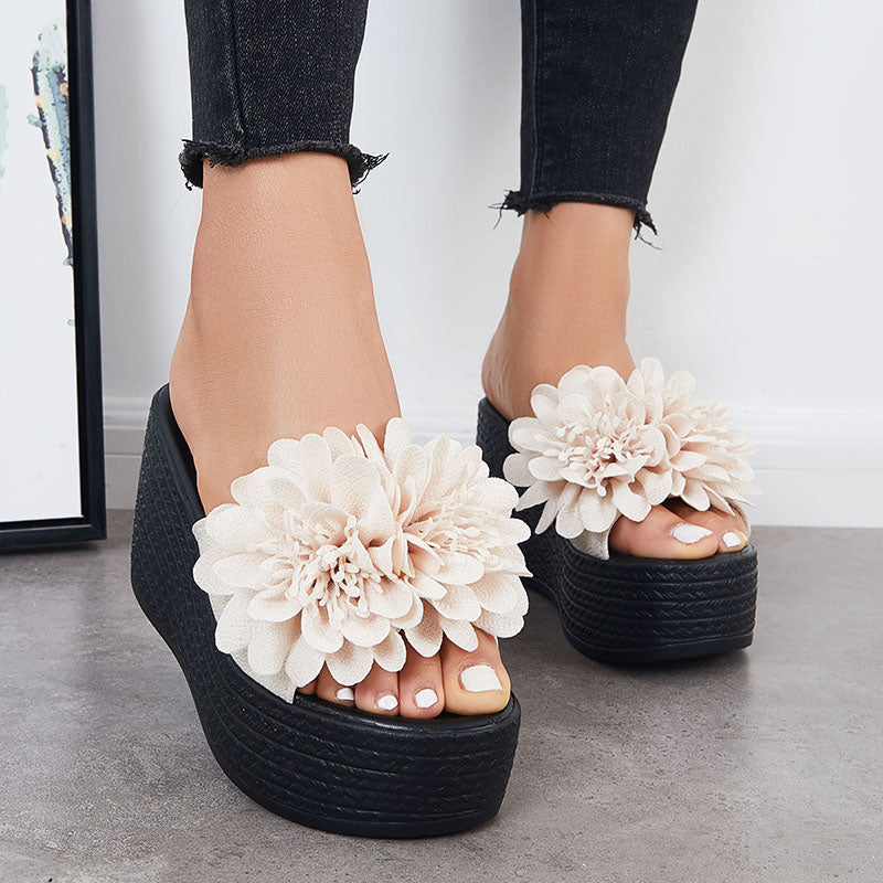 Myquees Platform Wedges Slide Sandals Floral Open Toe Slip on Beach Shoes