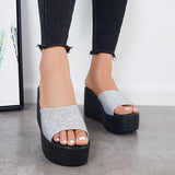 Myquees Glitter Platform Wedge Slides Slip on Open Toe Backless Shiny Sandals