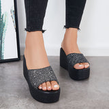 Myquees Glitter Platform Wedge Slides Slip on Open Toe Backless Shiny Sandals