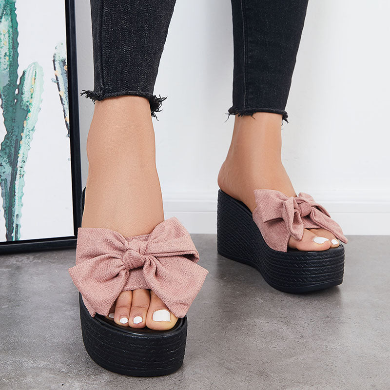 Myquees Bowknot Platform Wedges Slide Sandals Open Toe Slip on Beach Shoes
