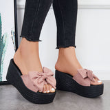 Myquees Bowknot Platform Wedges Slide Sandals Open Toe Slip on Beach Shoes