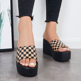 Myquees Plaid Platform Wedge Slide Sandals Slip on Open Toe Mules Shoes