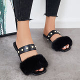 Myquees Summer Faux Fur Slippers Slide Sandals Square Toe Flats Shoes