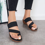 Myquees Black Toe Ring Slide Sandals Slip on Wedge Heel Summer Shoes