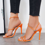 Myquees Elastic Strappy High Heel Sandals Square Toe Ankle Strap Stiletto Heels