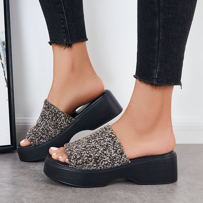 Myquees Black Open Toe Flatform Slides Wedge Heel Sandals