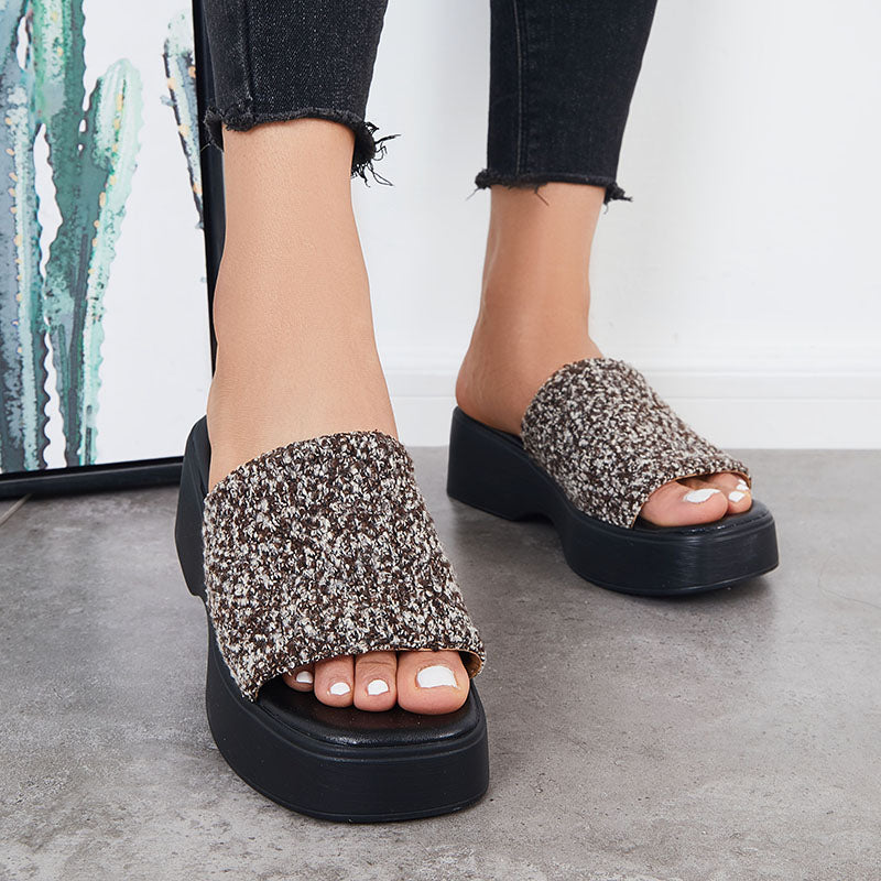 Myquees Black Open Toe Flatform Slides Wedge Heel Sandals