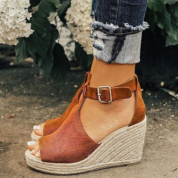 Myquees Casual Chic Espadrille Wedges Adjustable Buckle Sandals