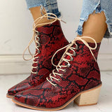 Myquees Pointed Toe Lace-up Snakeskin Chunky Heeled Boots