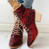 Myquees Pointed Toe Lace-up Snakeskin Chunky Heeled Boots