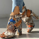 Myquees Snakeskin Ankle Buckled Chunky Heels
