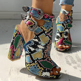 Myquees Snakeskin Ankle Buckled Chunky Heels