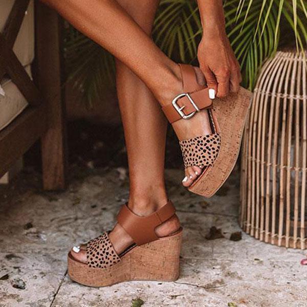 Myquees Reece Cheetah Wedge Buckle Straps Sandals