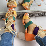 Myquees Colourblock Lace-up Chunky Heels Open Toe Sandals