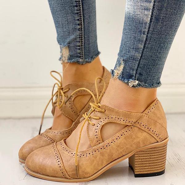 Myquees Lace-Up Cut Out Chunky Heels