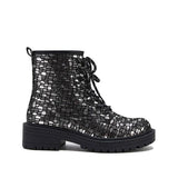 Myquees Women Sexy Sequin Lace-Up Ankle Chunky Heel Boots