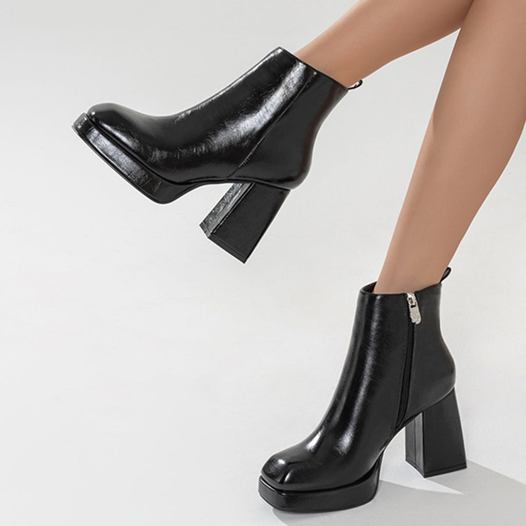 Myquees Black Square Toe Platform Chunky Heeled Ankle Boots