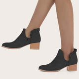 Myquees Ruffle Cutout Ankle Boots Slip on Chunky Stacked Heel Booties