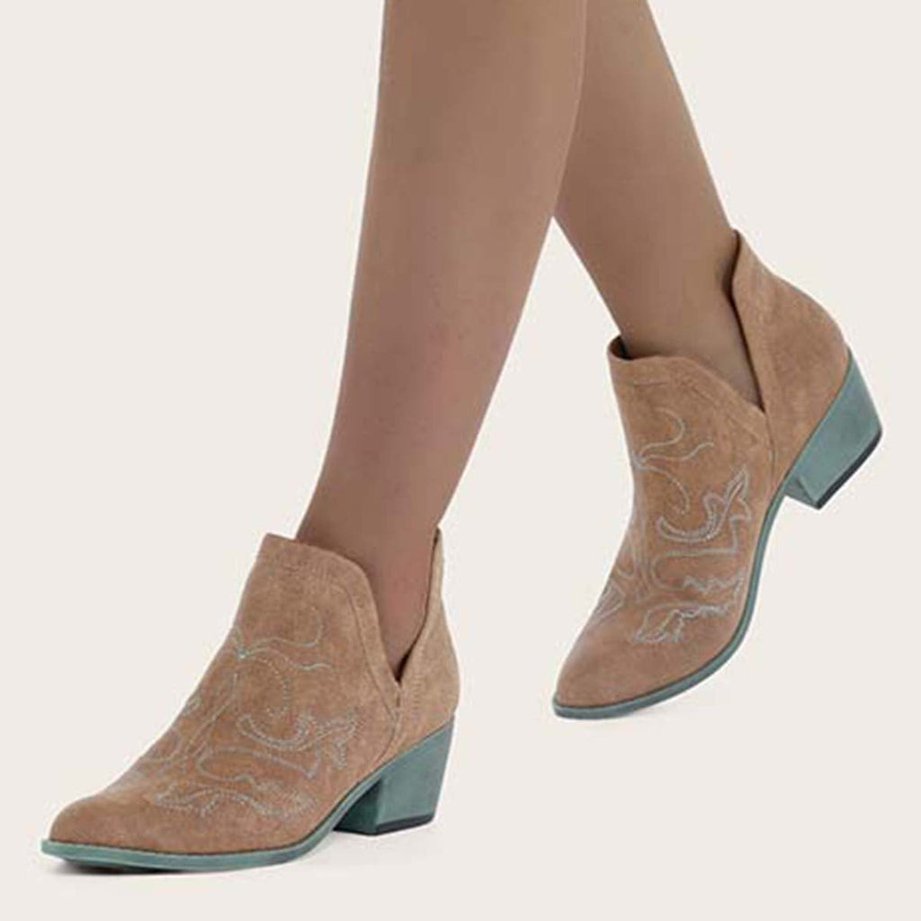 Myquees Embroidered V Cutout Western Ankle Boots Chunky Heel Booties