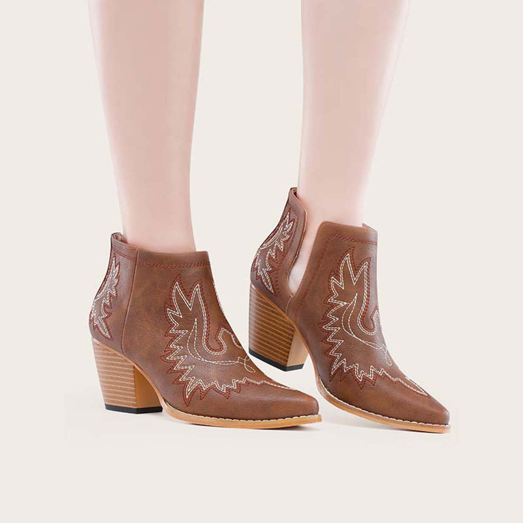 Myquees Coutout Western Cowgirl Boots Slip on Chunky Heel Ankle Booties