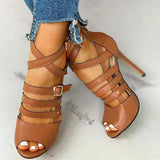Myquees Solid Hollow Out Ankle Strap Thin Heeled Sandals