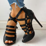 Myquees Solid Hollow Out Ankle Strap Thin Heeled Sandals