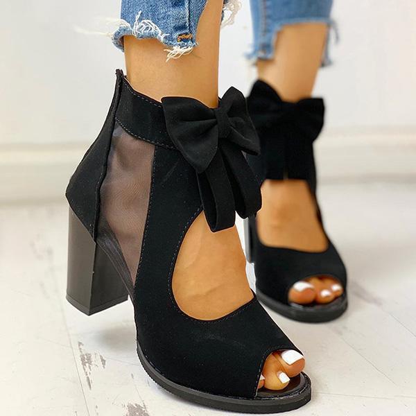 Myquees Peep Toe Mesh Insert Bowknot Chunky Heeled Sandals