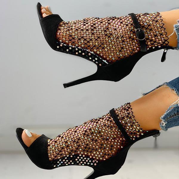 Myquees Studded Grid Mesh Open Toe Thin Heels