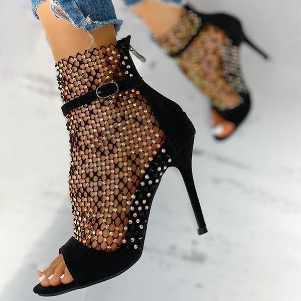 Myquees Studded Grid Mesh Open Toe Thin Heels