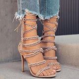 Myquees Glittering Bandage Lace-up Thin Heels