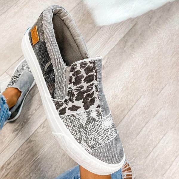 Myquees Pieced Raw Edge Animal Print Canvas Slip-On Flats