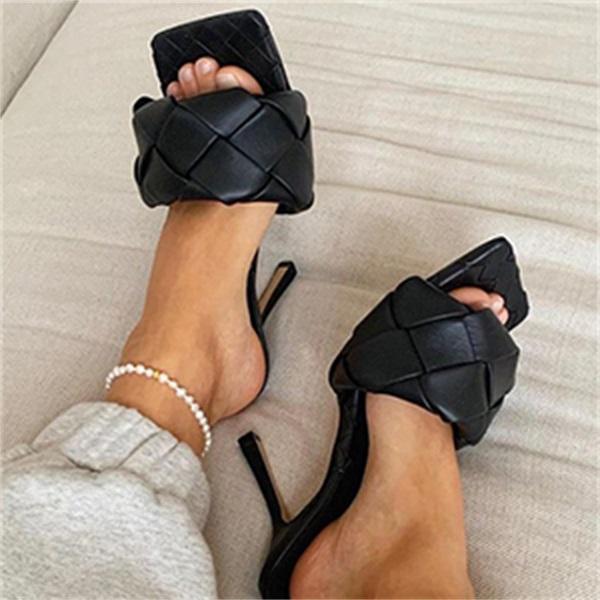 Myquees Square Open Toe Heeled Woven Leather Mule Slip On Quilted High Heels