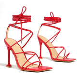 Myquees Around-The-Ankle Lace-Up Closure Open Squared Toe Heels